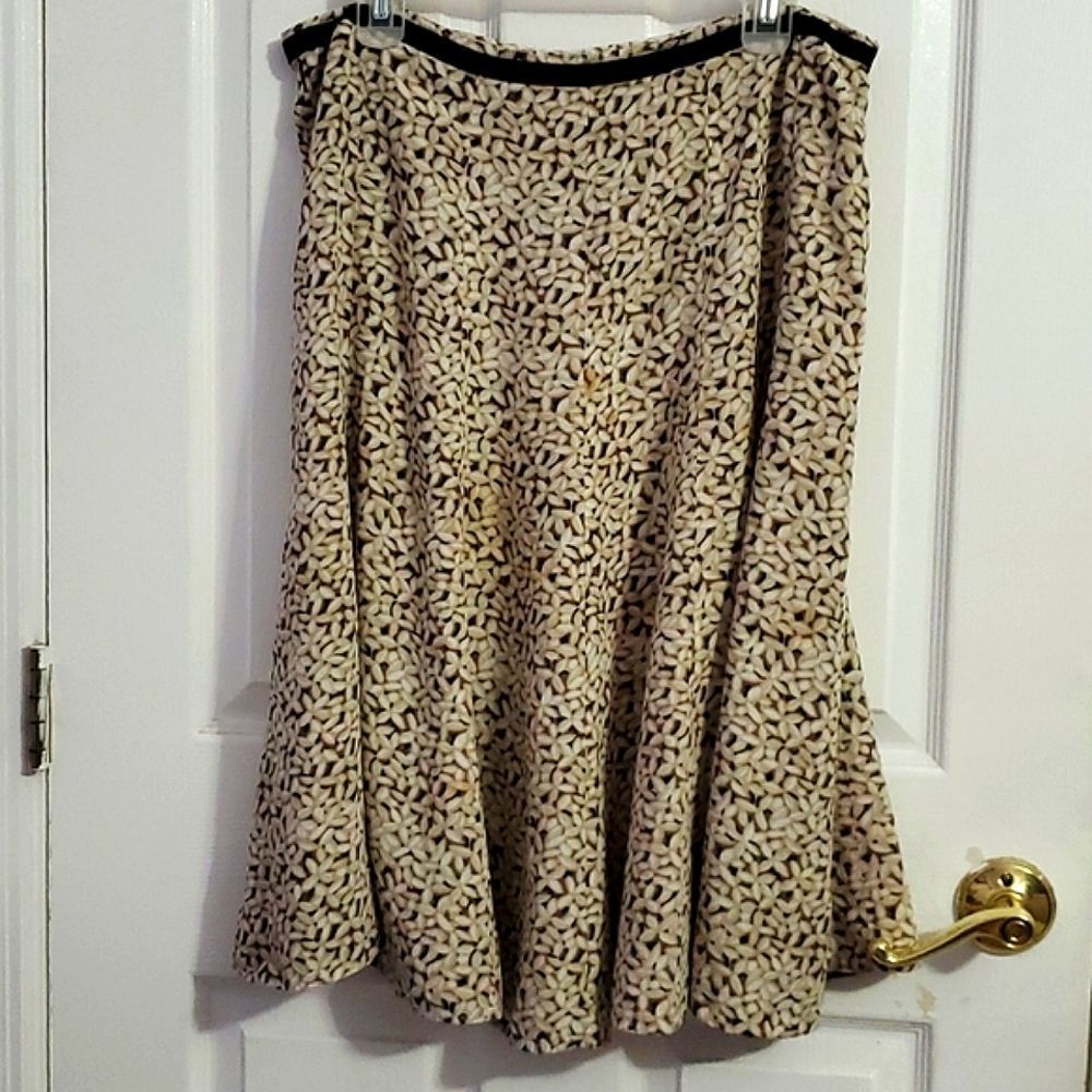 Christopher & Banks Tan Boho Botanical Leaves A-line Flare Fall Midi Skirt 14